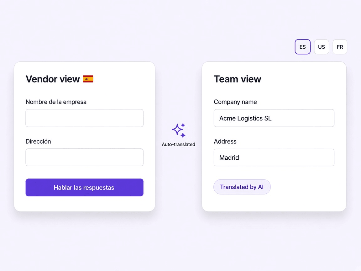 Vendor completes onboarding in their language; team reads English