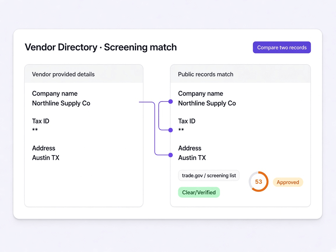 Screening match shown beside vendor details with evidence