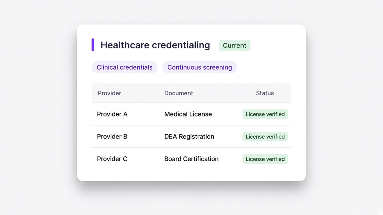 Healthcare credentialing with continuous screening