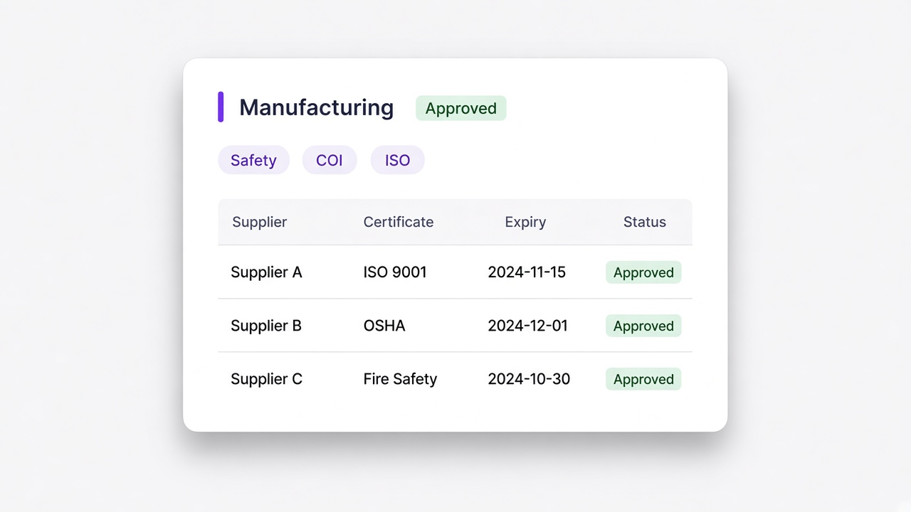 Manufacturing suppliers with certificates on their own schedules